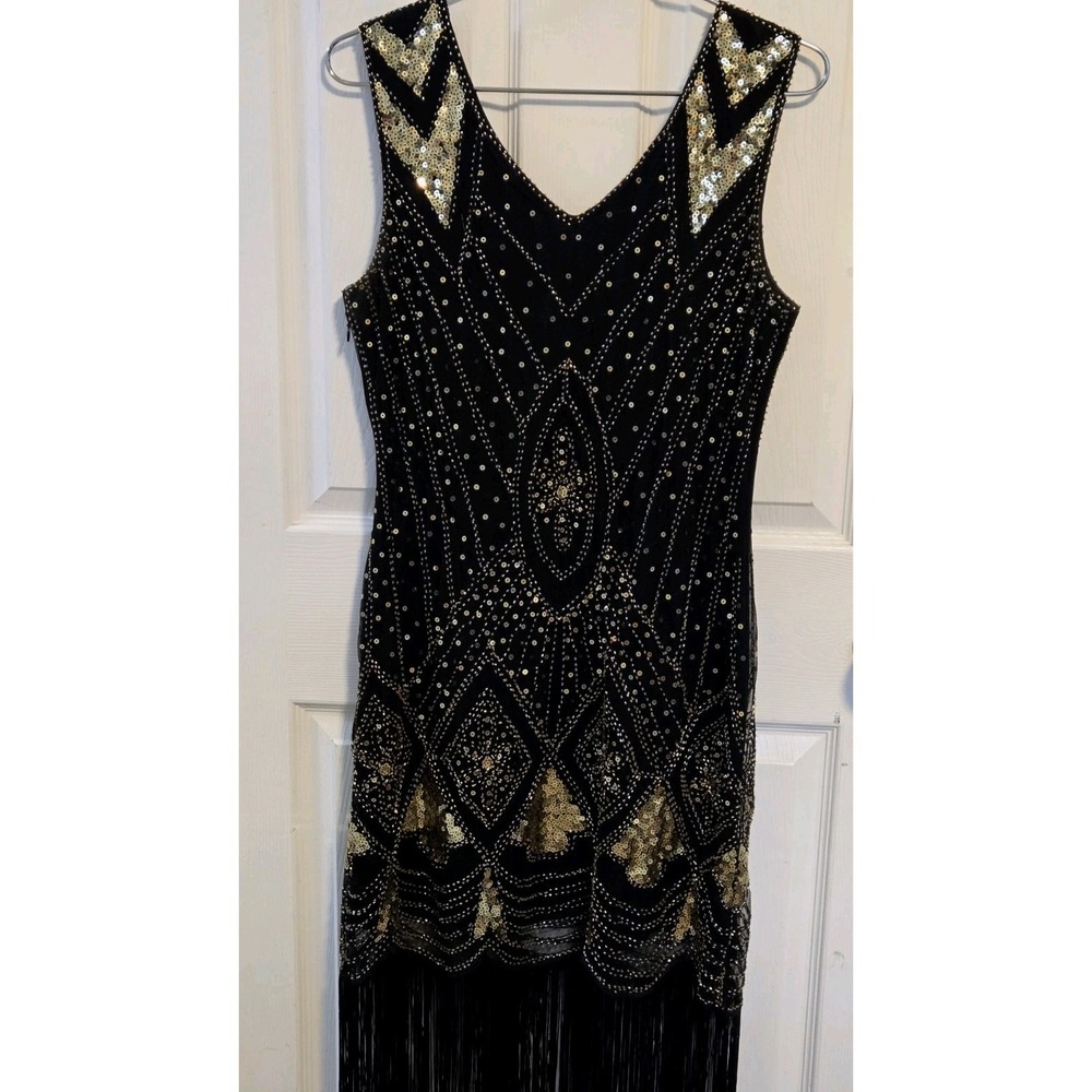Art Deco Black Gold MeshSequin Fringe Dress Large Gatsby Flapper Beaded Cocktail